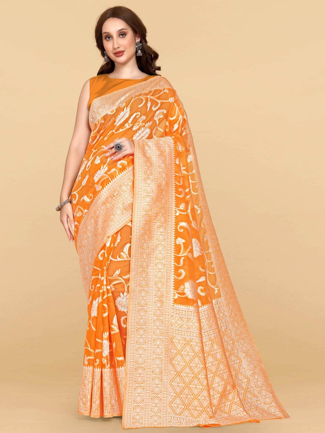 

BESUCHER Orange & Gold-Toned Ethnic Motifs Zari Silk Cotton Jamdani Saree