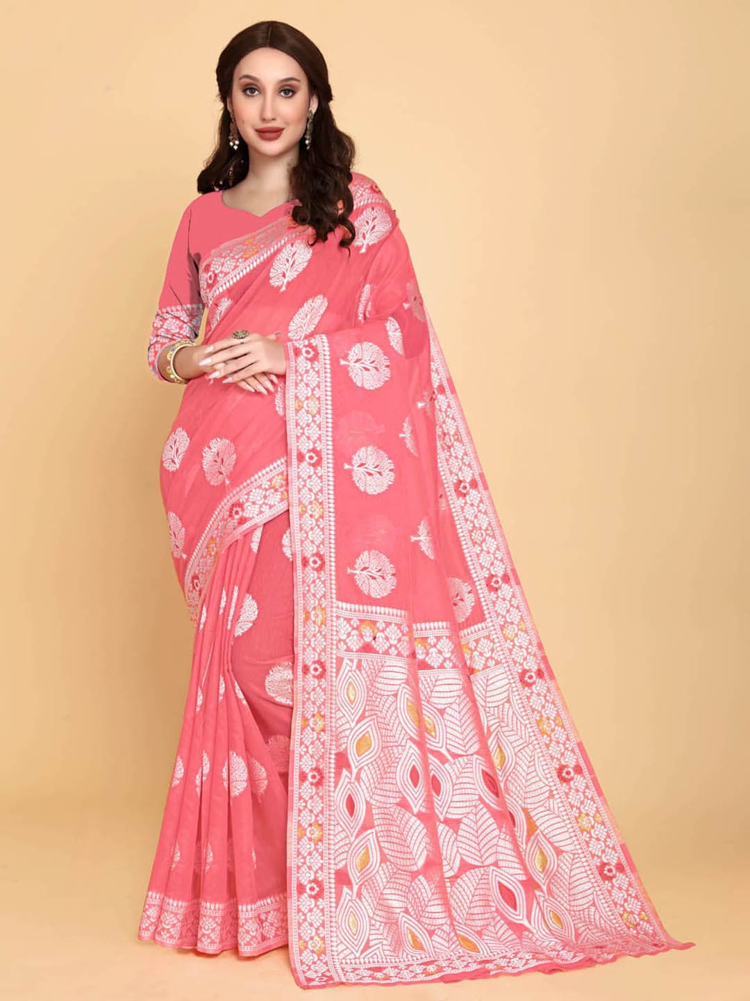 

BESUCHER Pink & Silver-Toned Woven Design Zari Silk Cotton Jamdani Saree