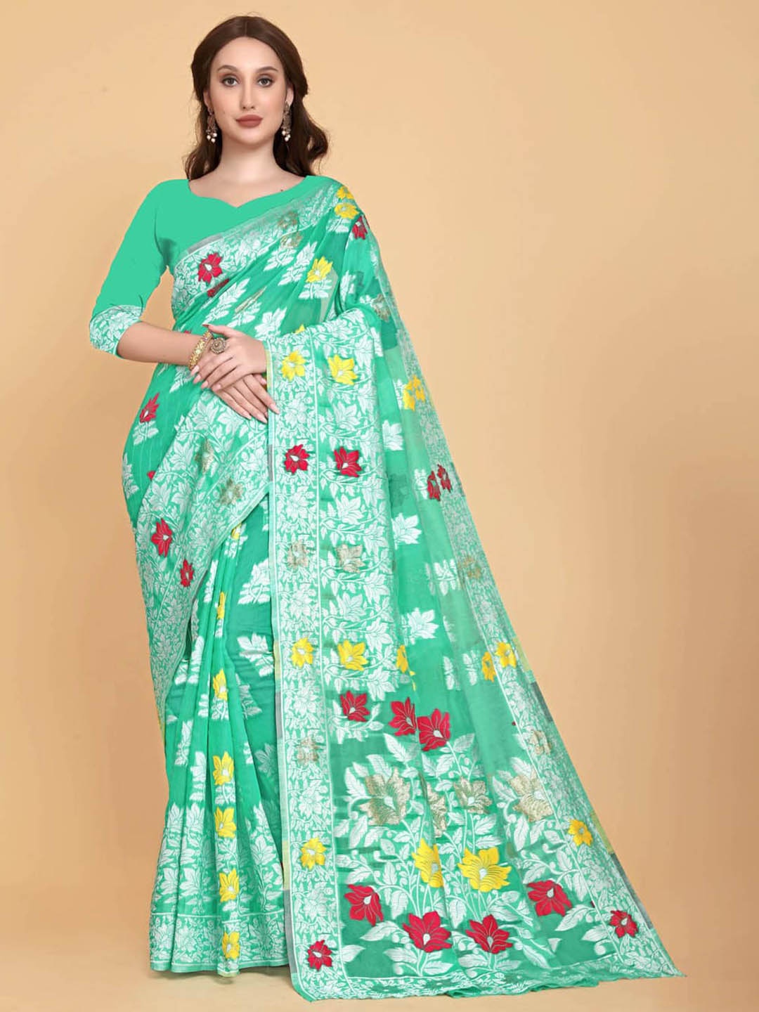 

BESUCHER Green & White Woven Design Silk Cotton Jamdani Saree