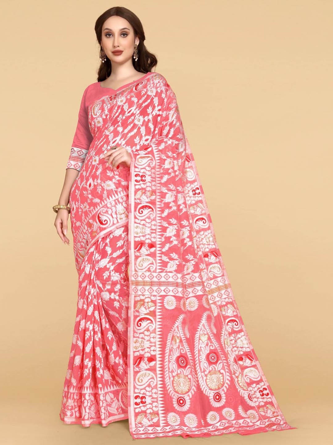 

BESUCHER Pink & Silver-Toned Woven Design Zari Silk Cotton Jamdani Saree