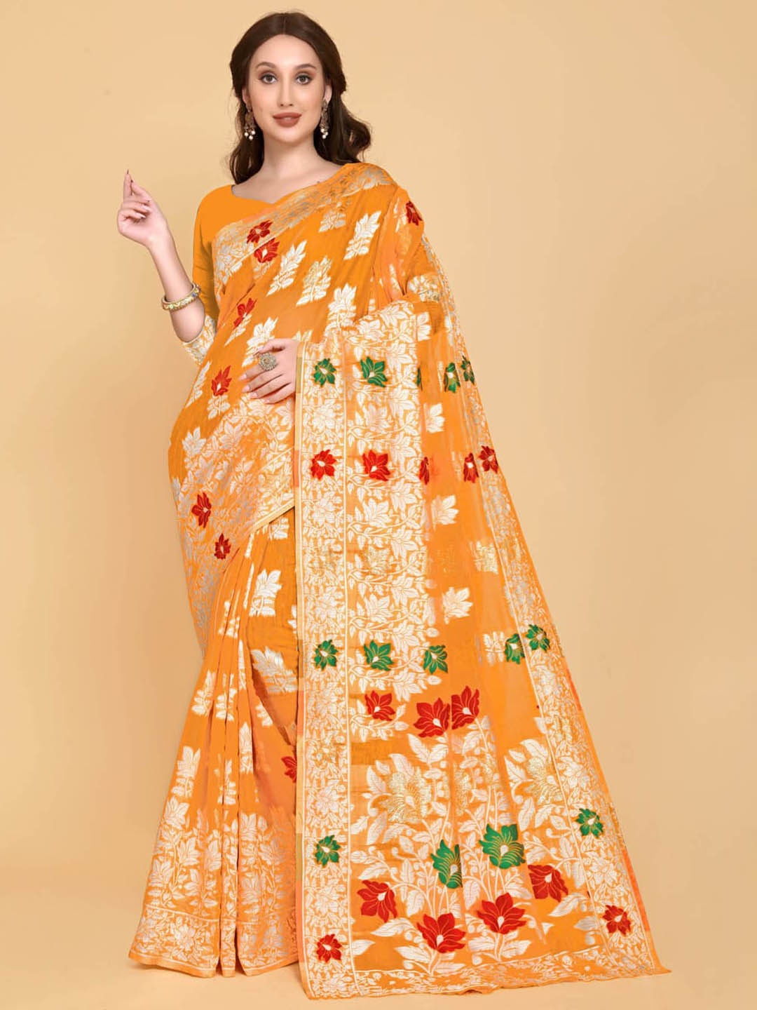 

BESUCHER Orange & Green Woven Design Zari Silk Cotton Jamdani Saree