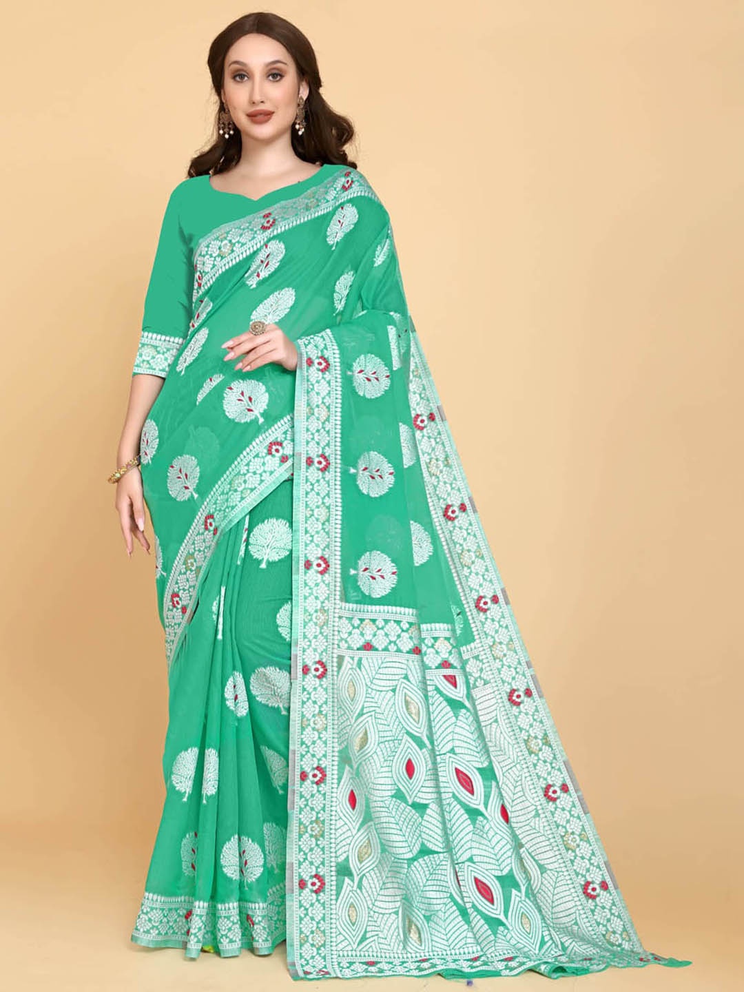 

BESUCHER Green & Silver-Toned Woven Design Zari Silk Cotton Jamdani Saree