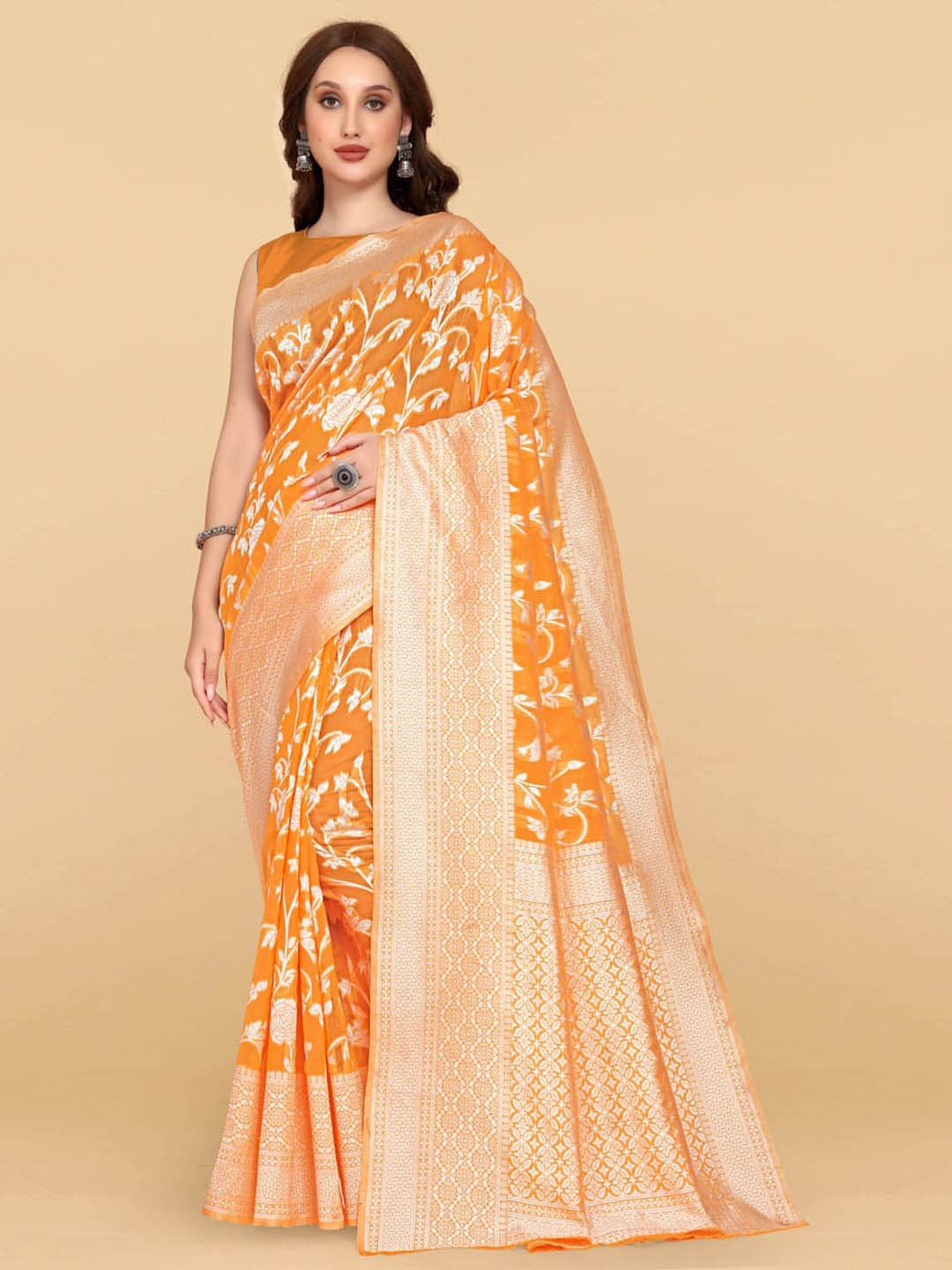 

BESUCHER Orange & Gold-Toned Woven Design Zari Silk Cotton Jamdani Saree