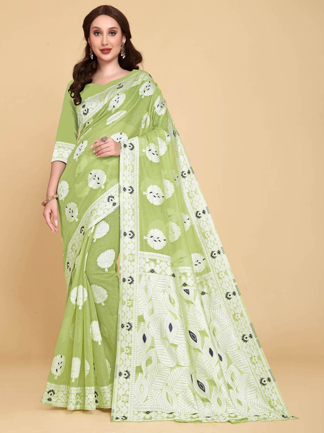 

BESUCHER Olive Green & Blue Woven Design Zari Silk Cotton Jamdani Saree