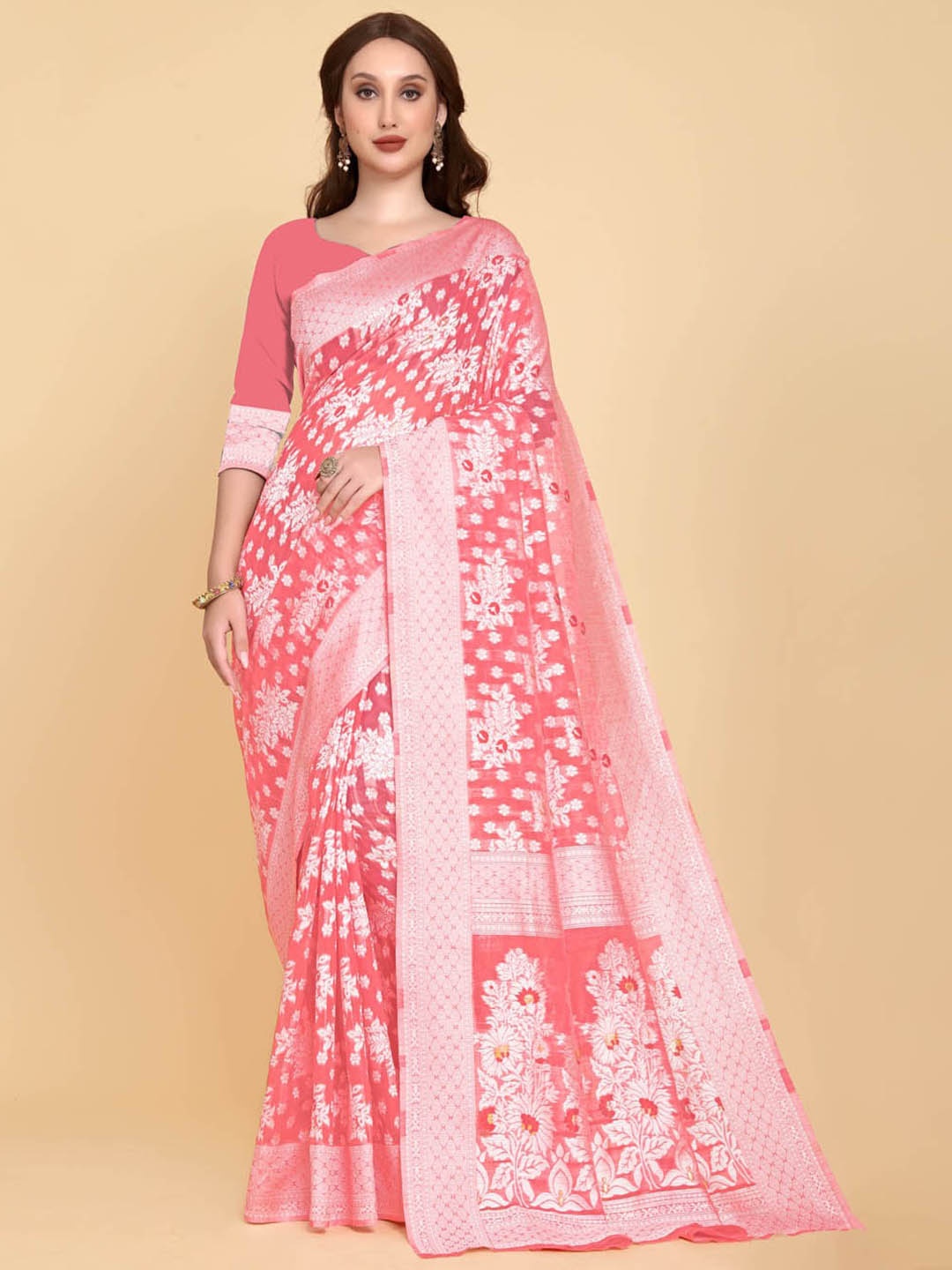 

BESUCHER Pink & Silver-Toned Woven Design Zari Silk Cotton Jamdani Saree