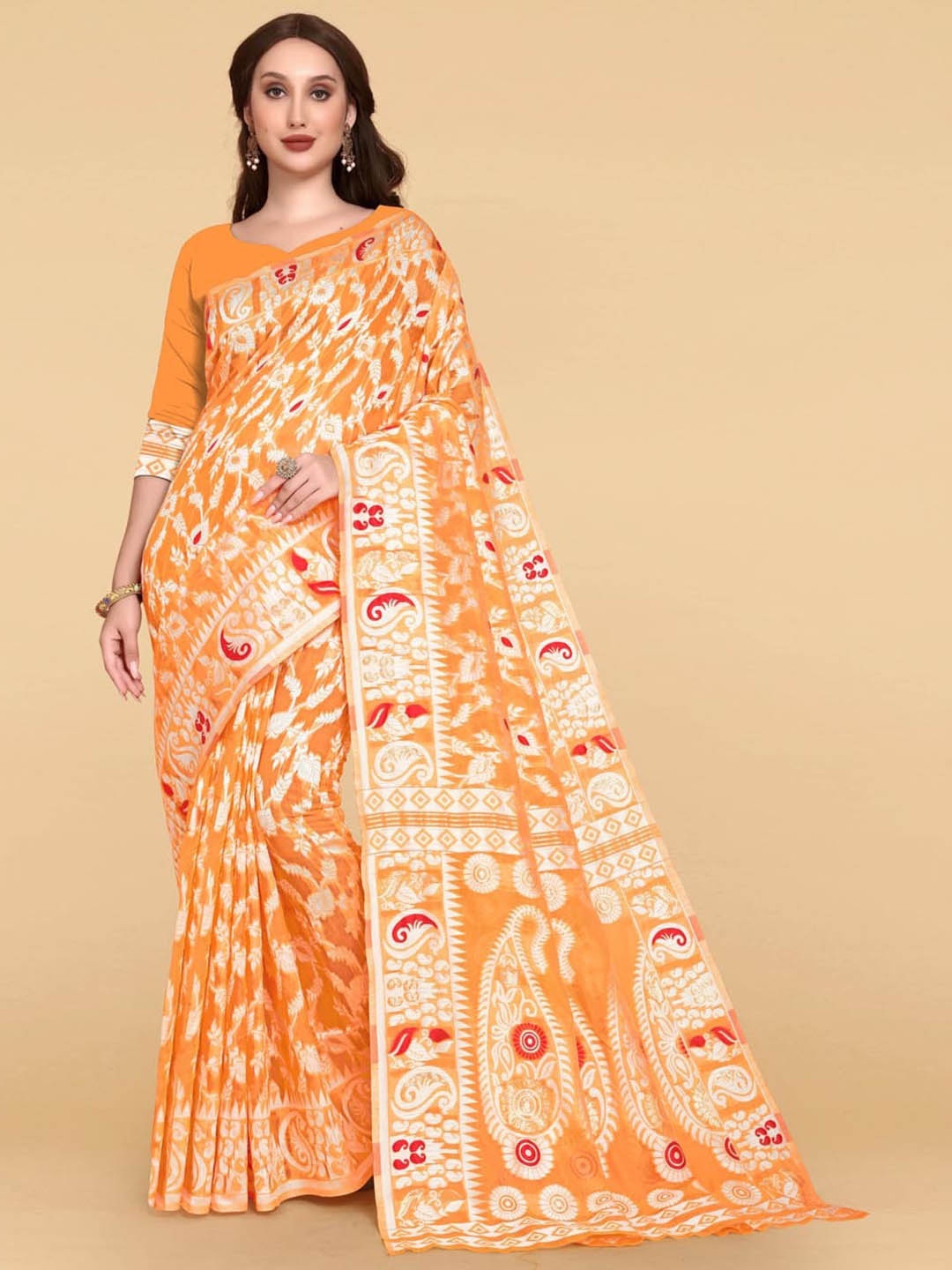 

BESUCHER Orange & Silver-Toned Woven Design Zari Silk Cotton Jamdani Saree