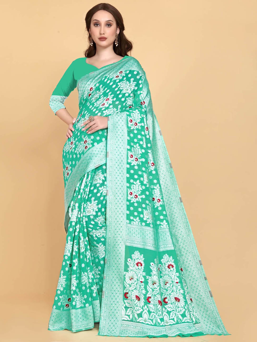 

BESUCHER Green & Silver-Toned Woven Design Zari Silk Cotton Jamdani Saree