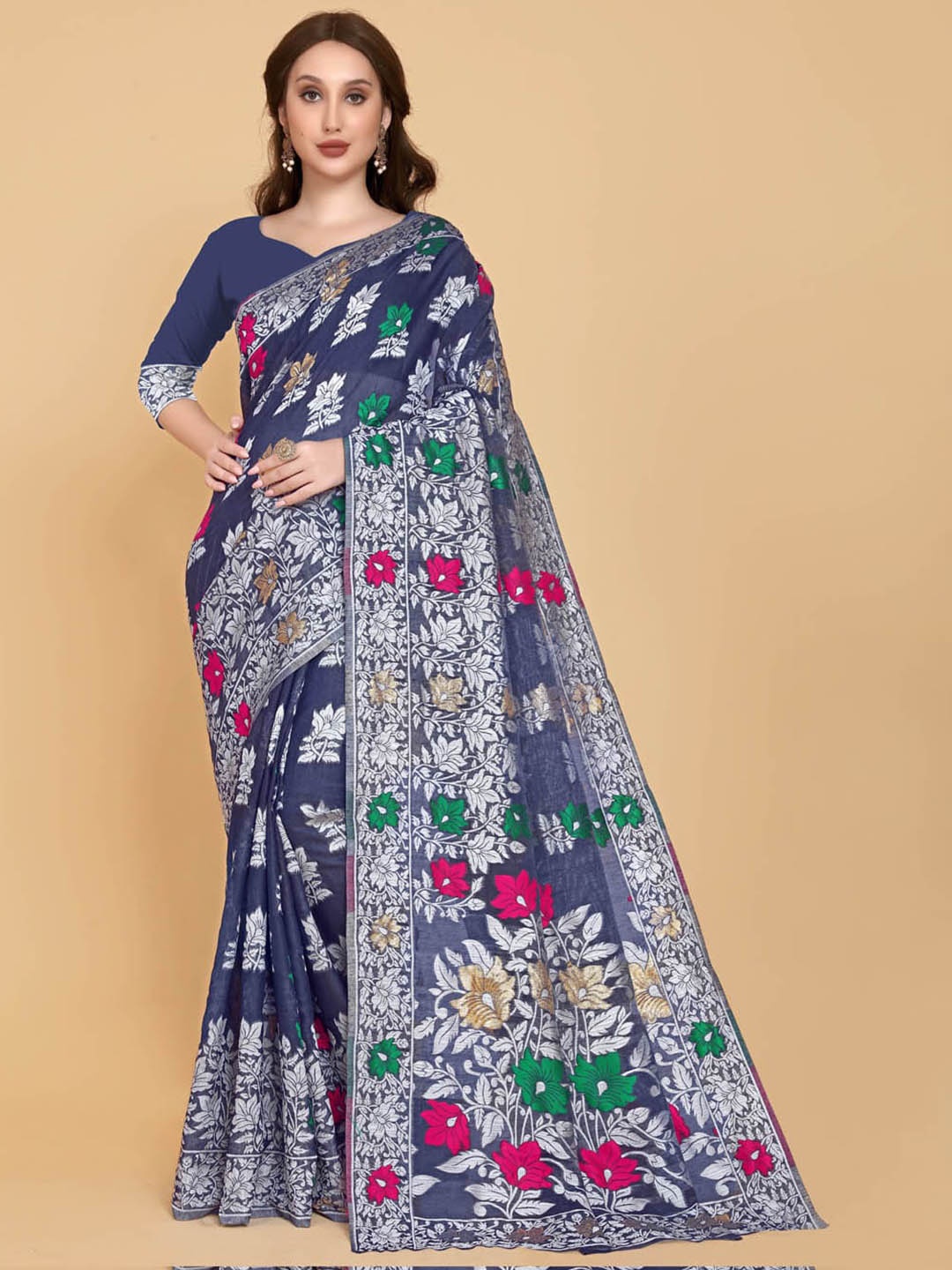 

BESUCHER Navy Blue & Silver-Toned Woven Design Zari Silk Cotton Jamdani Saree