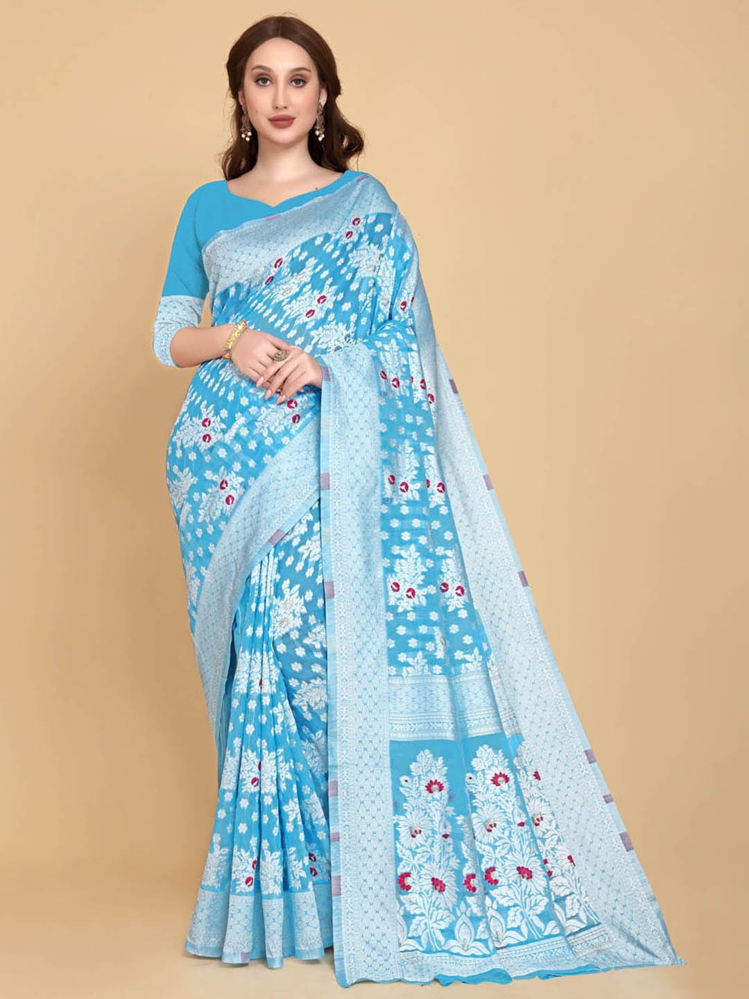 

BESUCHER Blue & Silver-Toned Woven Design Zari Silk Cotton Jamdani Saree