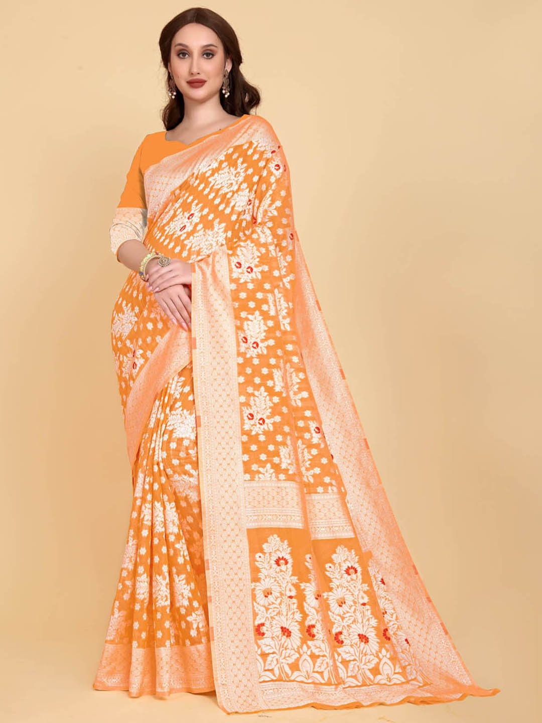 

BESUCHER Orange & Gold-Toned Woven Design Zari Silk Cotton Jamdani Saree