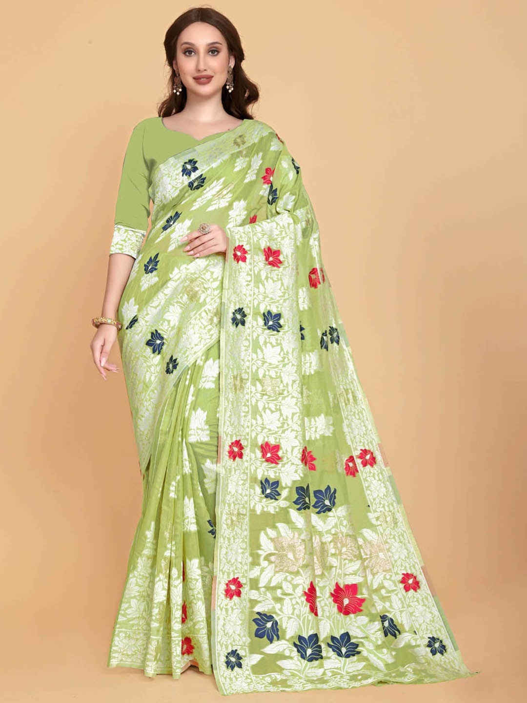 

BESUCHER Olive Green & Red Floral Zari Silk Cotton Jamdani Saree