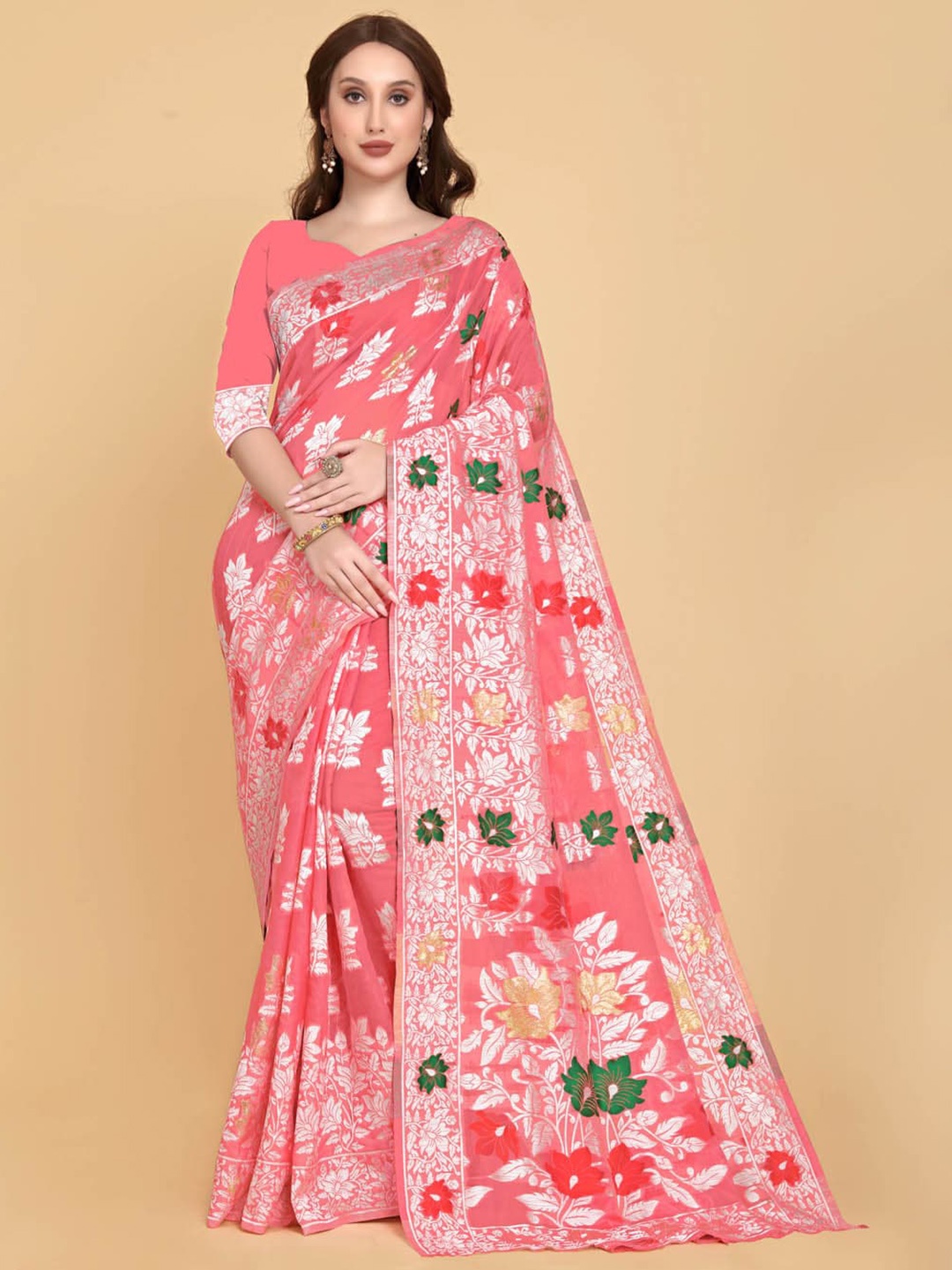 

BESUCHER Pink & Silver-Toned Woven Design Silk Cotton Jamdani Saree