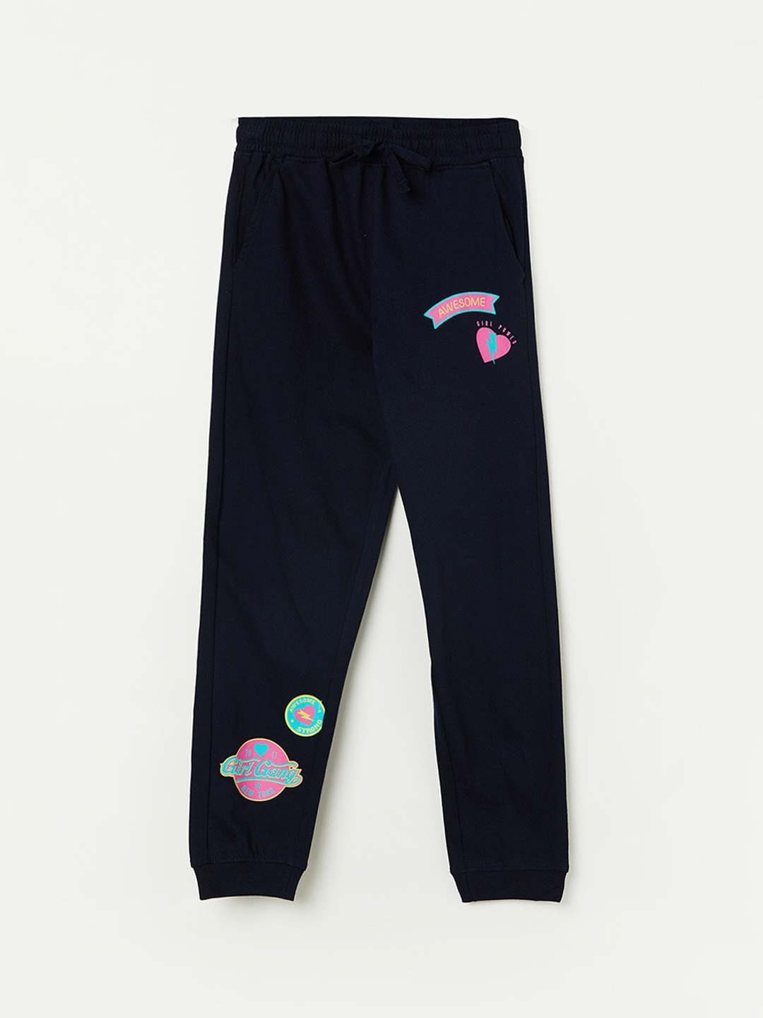

Fame Forever by Lifestyle Girls Navy Blue & Pink Printed Pure Cotton Relaxed-Fit Joggers