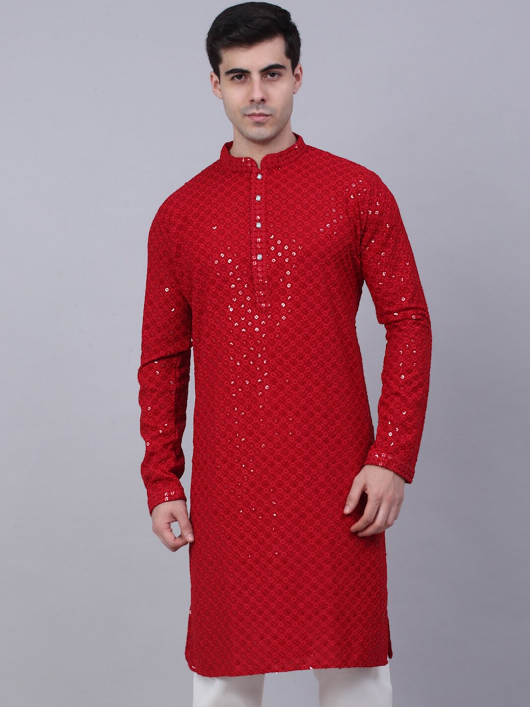 

Jompers Men Ethnic Motifs Mirror Work Cotton Kurta, Red