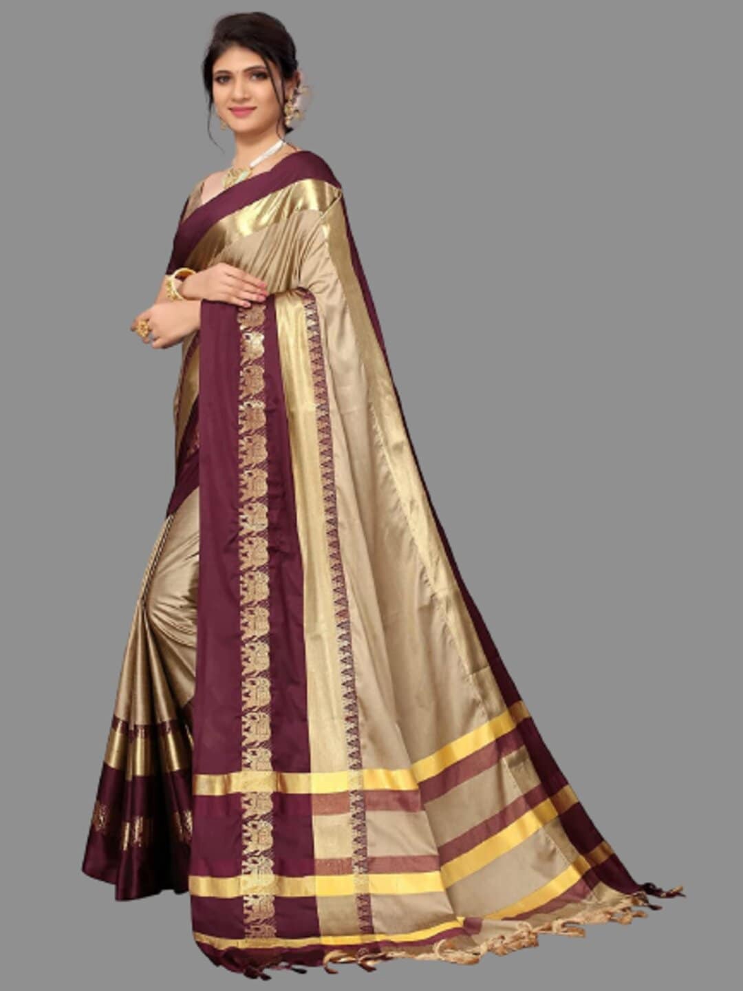 

Paramparik Textile Beige & Burgundy Zari Pure Silk Dharmavaram Saree