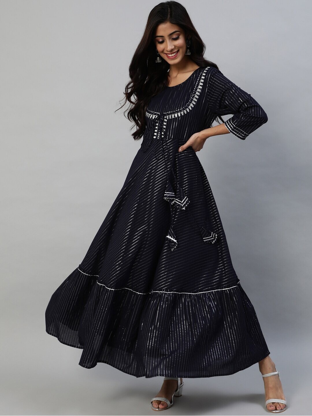 

Senyora Navy Blue Cotton Ethnic Maxi Dress