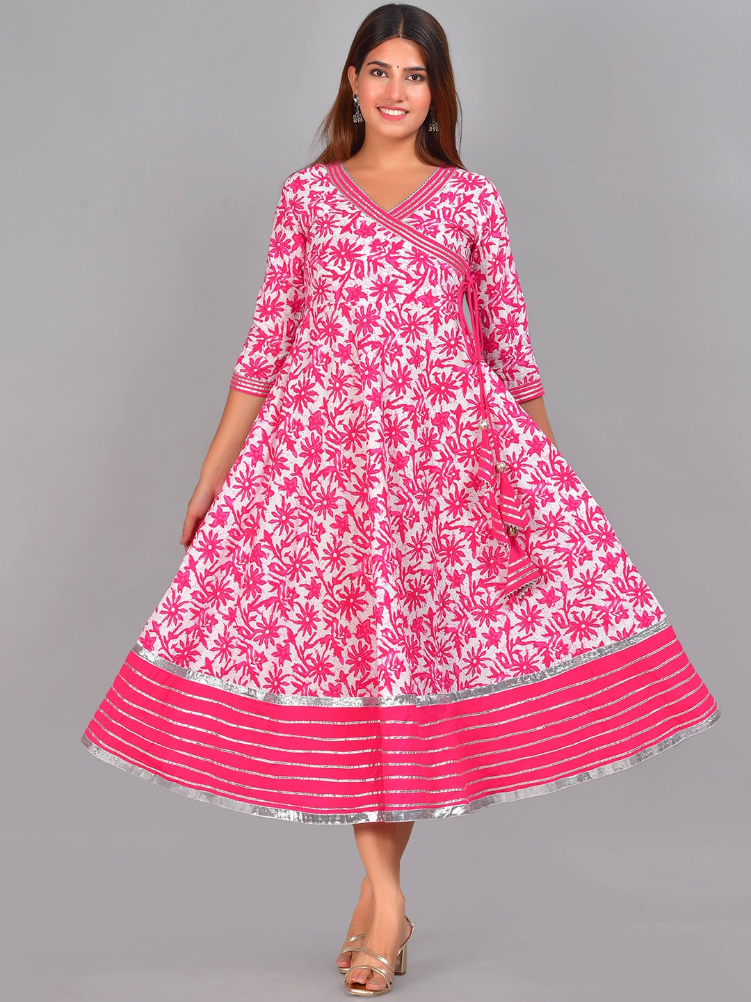 

Senyora Pink Floral Cotton A-Line Midi Dress