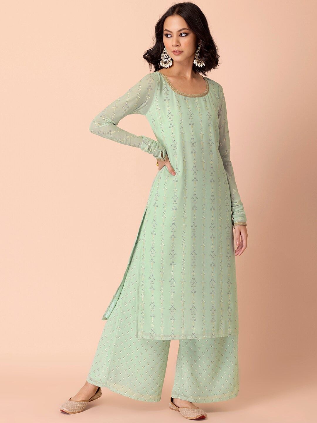 

INDYA Women Green Floral Printed Kurta With Palazzos