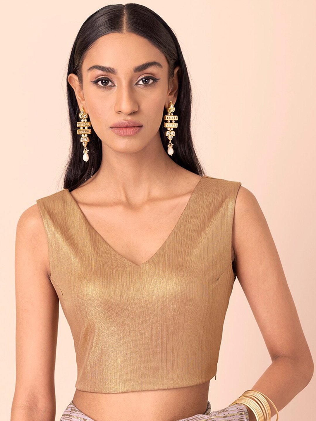 

INDYA Gold Toned Lycra Sleeveless Saree Blouse