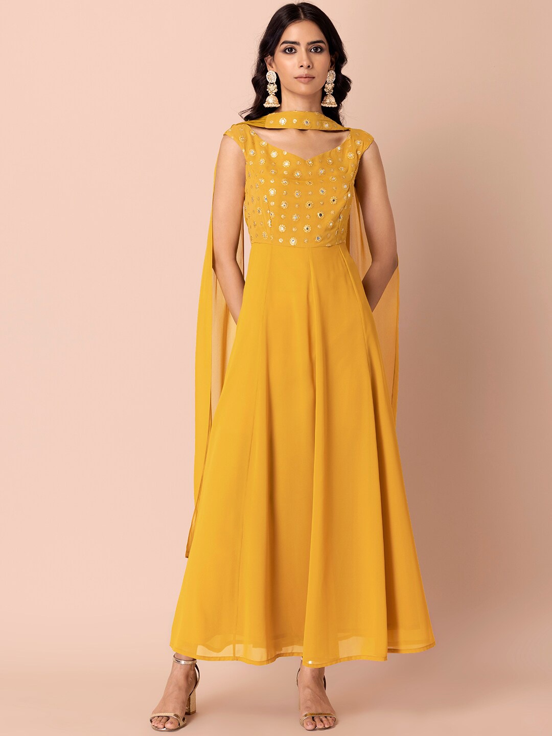 

INDYA Embroidered Mirror Work Georgette Anarkali Pleated Kurta, Mustard