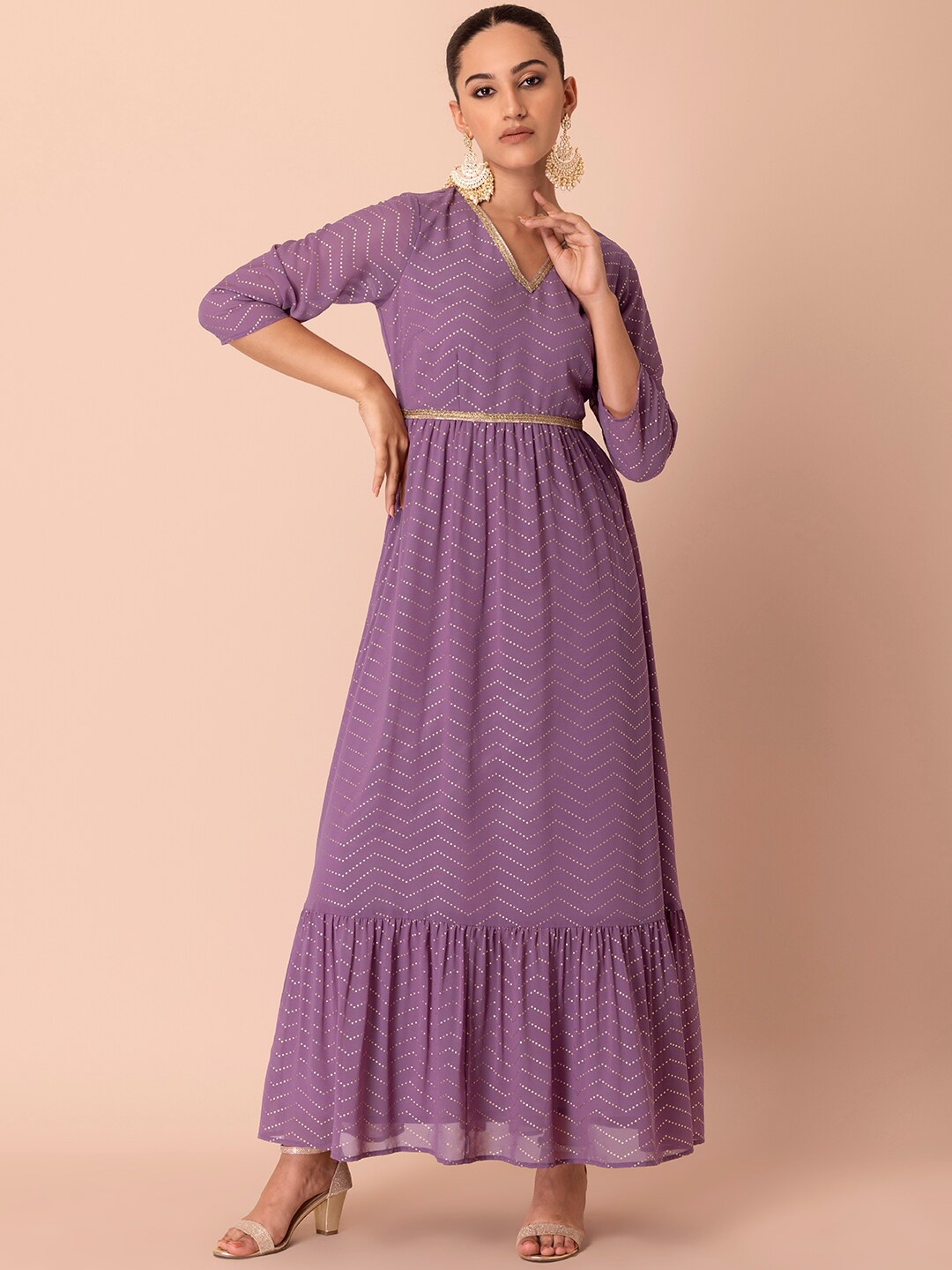 

Rang by Indya Chevron Printed Gotta Patti Tiering Georgette Anarkali Kurta, Purple