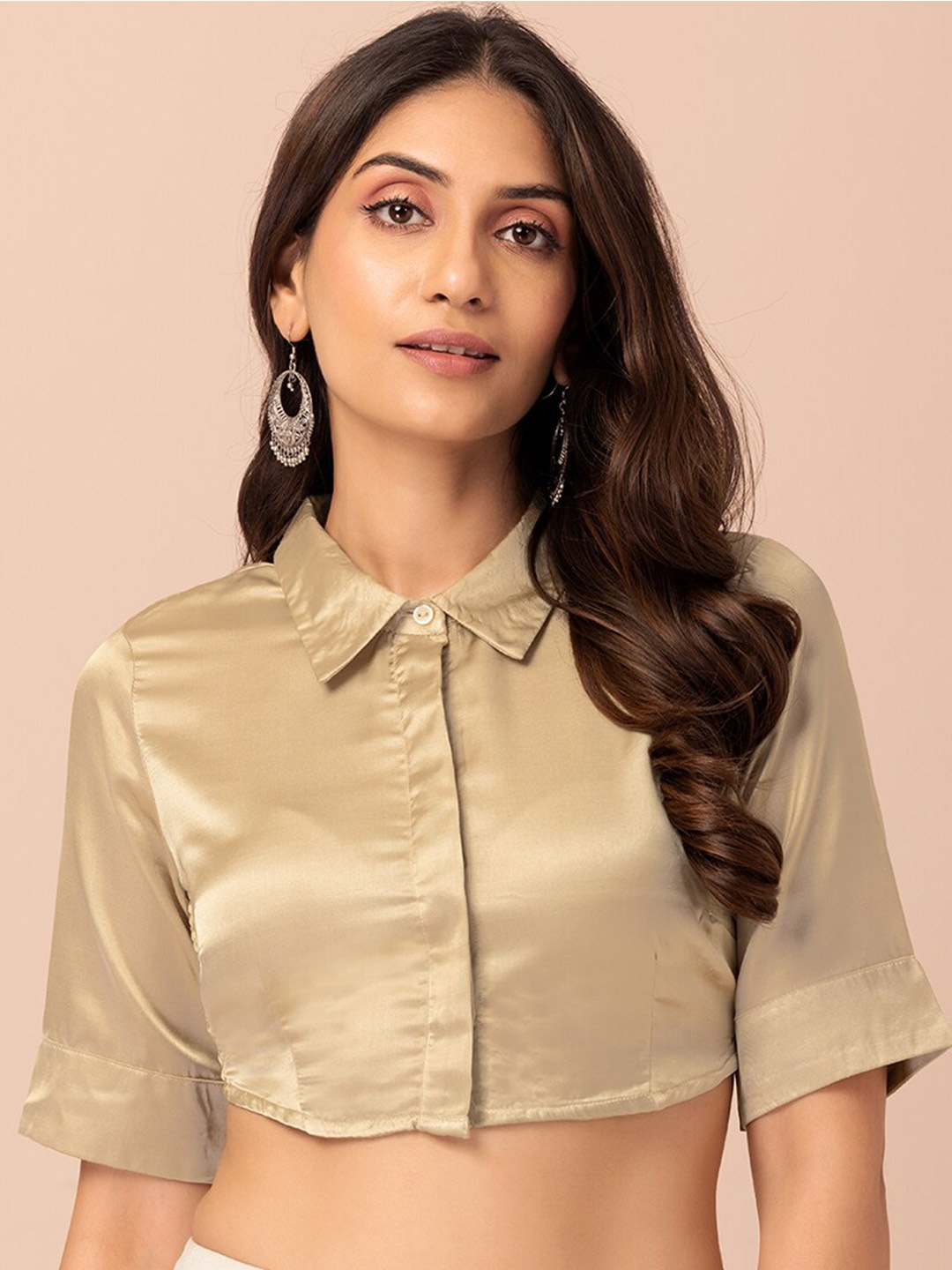 

INDYA Beige Satin Shirt Style Crop Top