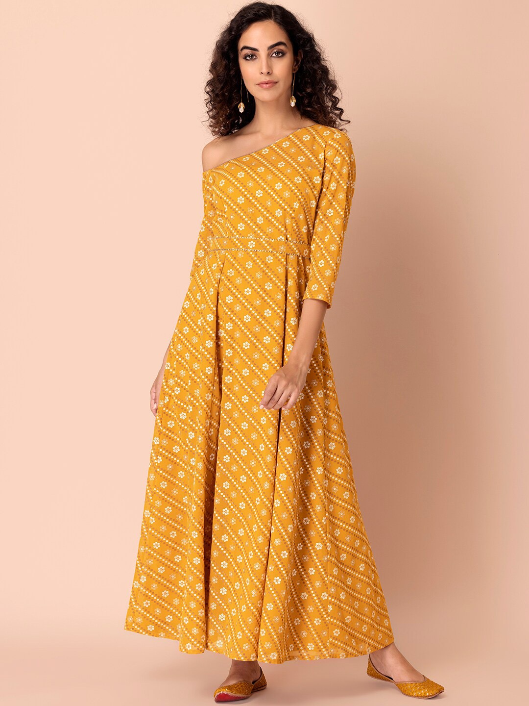 

Rang by Indya Women Mustard Yellow Floral Printed Off-Shoulder Belted Detail Anarkali Kurta