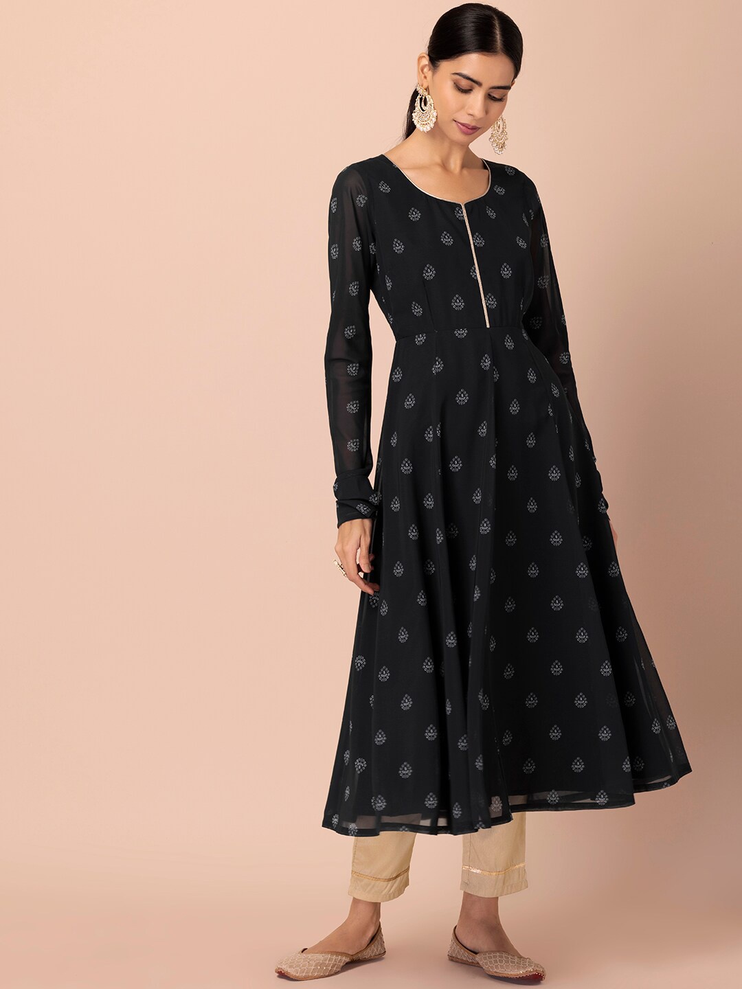 

Rang by Indya Ethnic Motifs Printed Thread Work Georgette Anarkali Kurta, Black