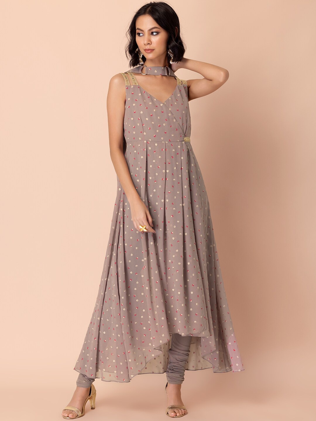 

INDYA Women Grey Pleated Kurta with Churidar & With Dupatta