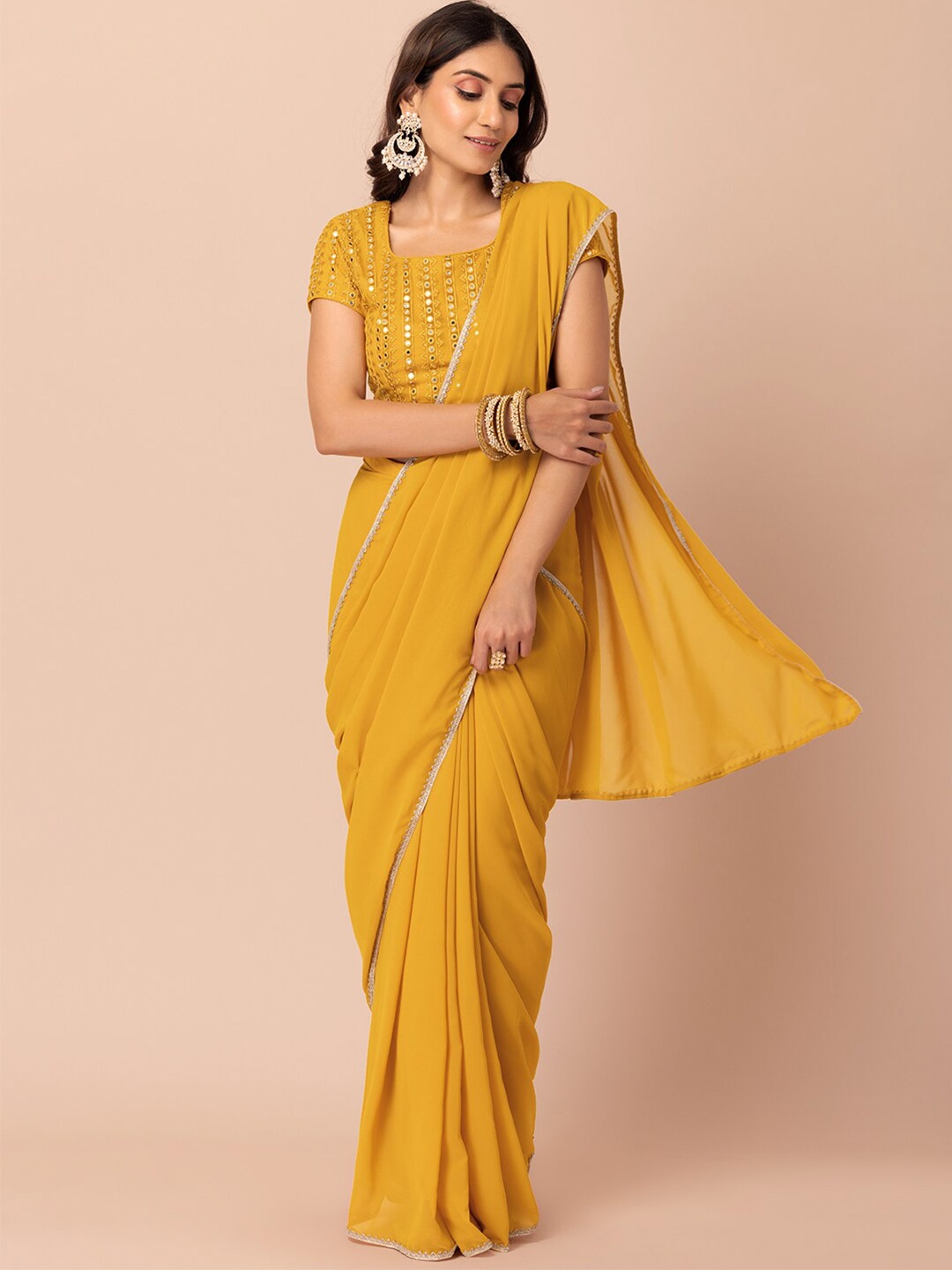 

INDYA Yellow Solid Zari Saree