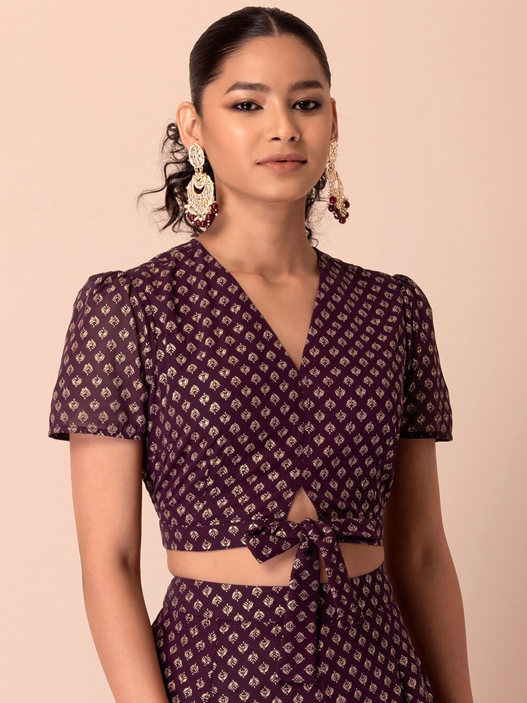 

INDYA Purple Geometric Print Georgette Crop Top