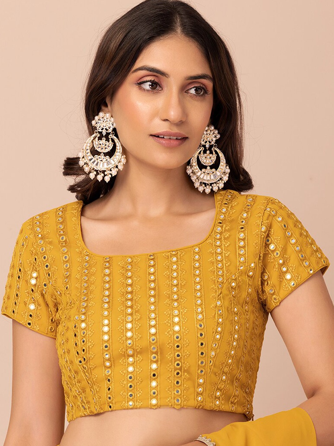 

Rang by Indya Mustard Yellow Mirror Embroidered Saree Blouse