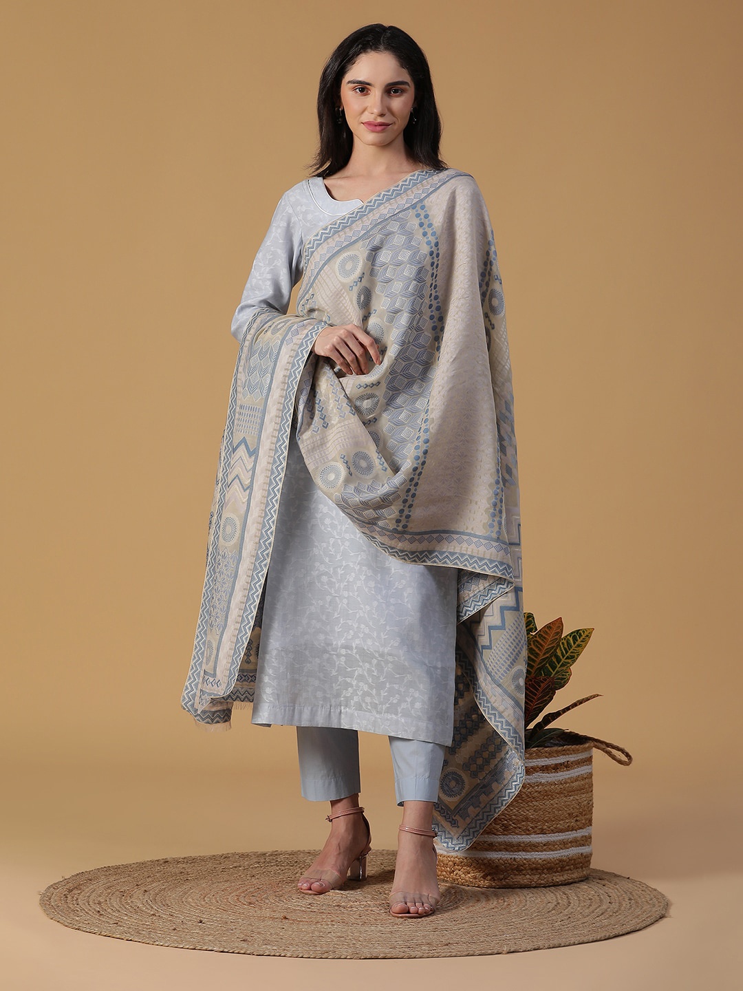 

SHINGORA Beige & Grey Ethnic Motifs Woven Design Dupatta