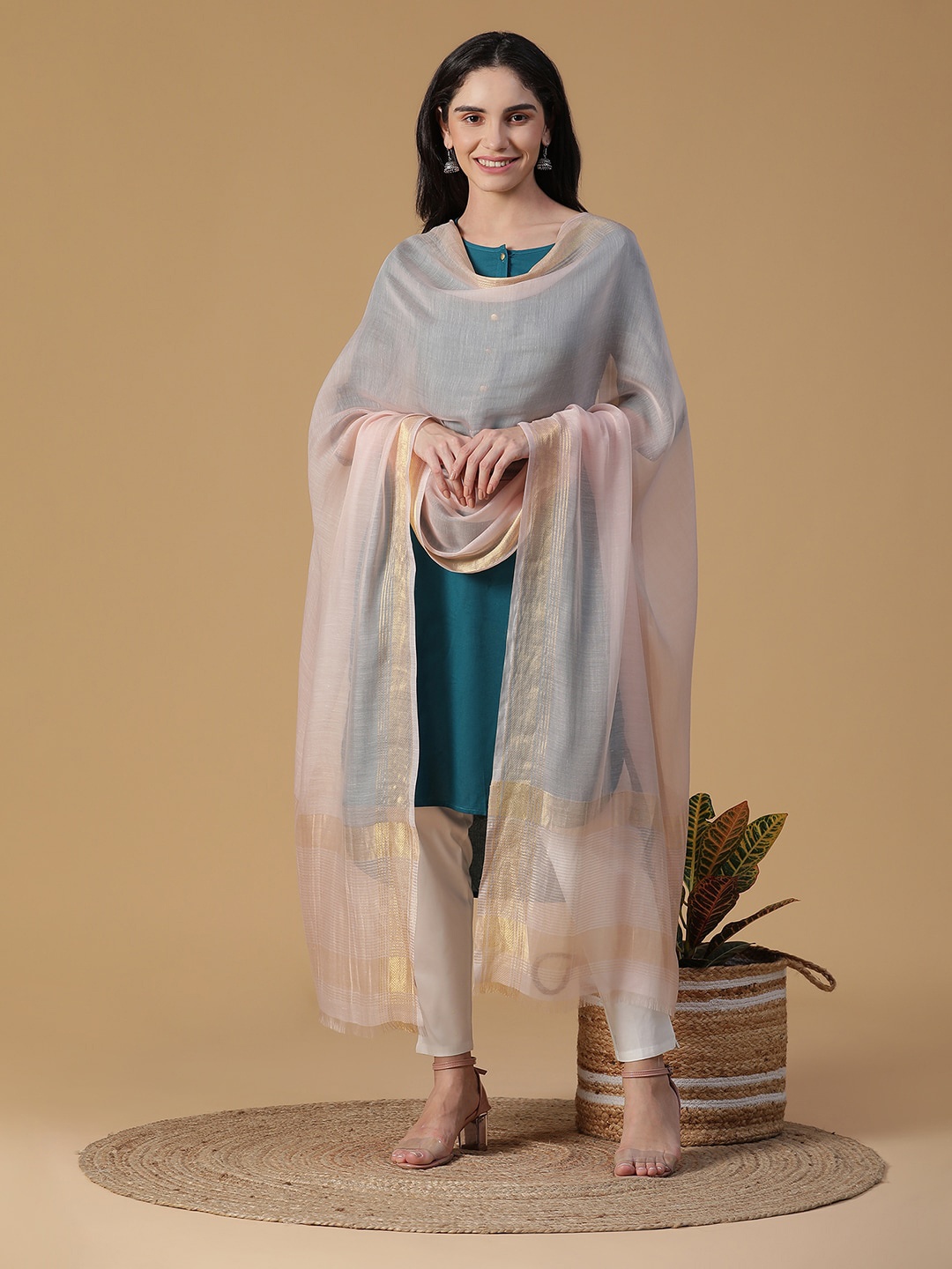 

SHINGORA Pink & Gold-Toned Dupatta with Zari