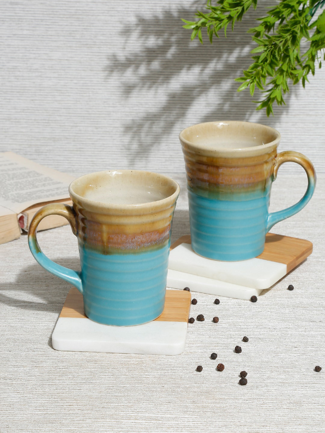 

EK BY EKTA KAPOOR Glazed Set of 2 Green & Brown Painted Textured Ceramic Mugs 300ml each