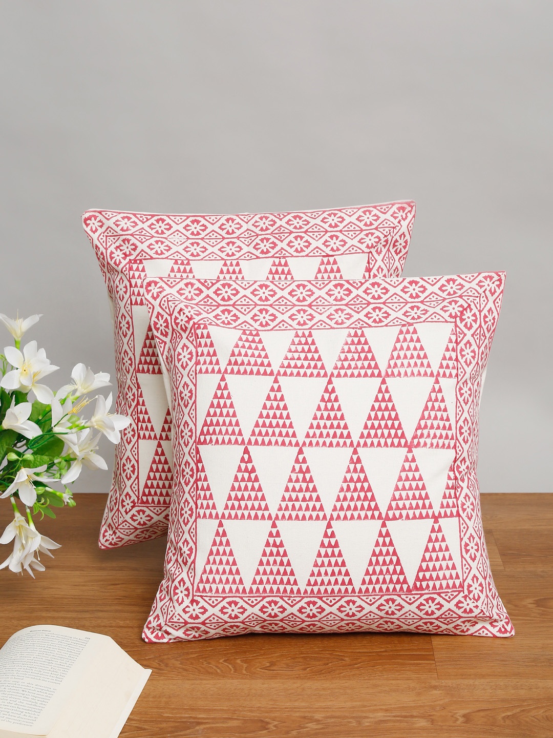 

EK BY EKTA KAPOOR Pink & White Cotton Set of 2 Geometric Square Cushion Covers