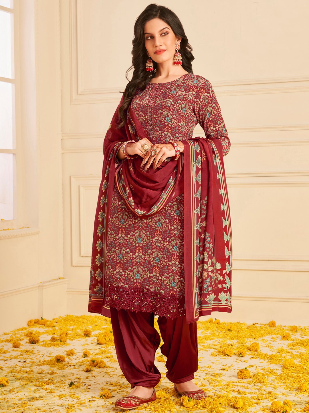 

Stylee LIFESTYLE Maroon & Blue Printed Silk Crepe Unstitched Dress Material
