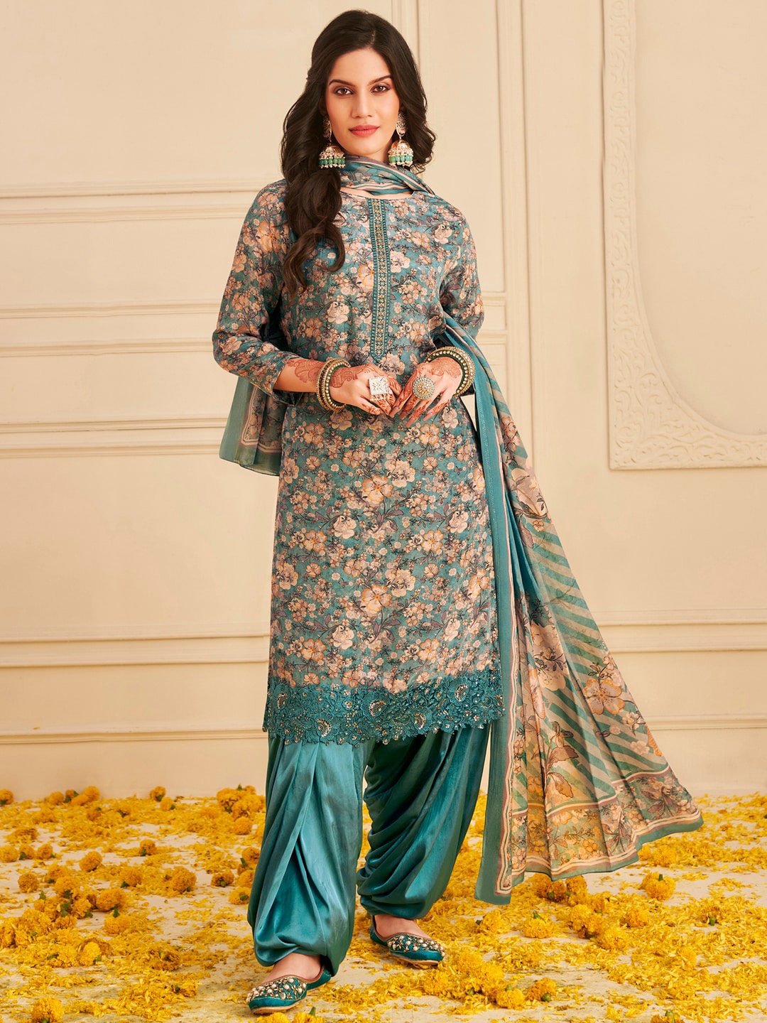 

Stylee LIFESTYLE Blue & Brown Printed Silk Crepe Unstitched Dress Material