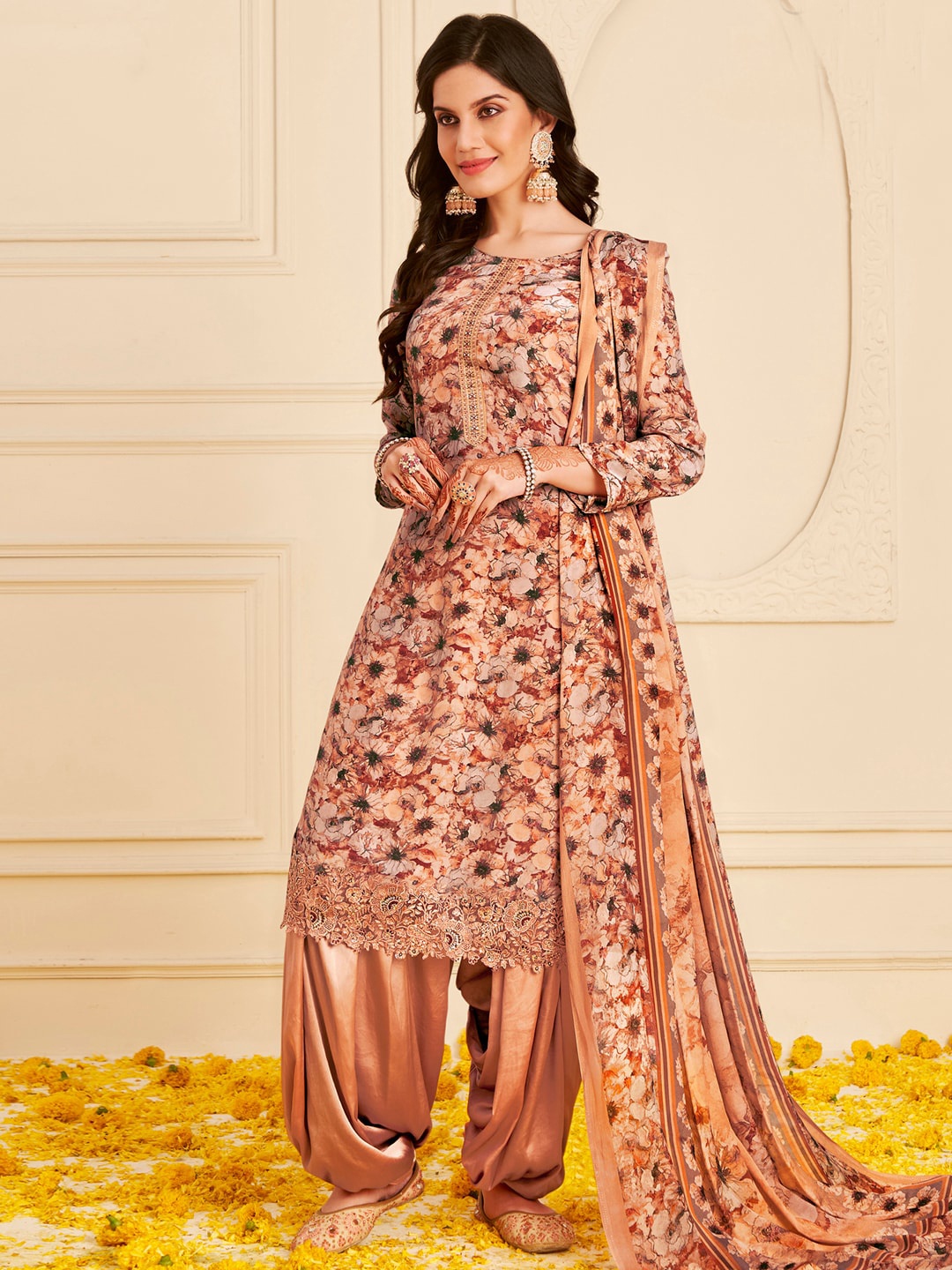 

Stylee LIFESTYLE Peach-Coloured & Brown Printed Silk Crepe Unstitched Dress Material