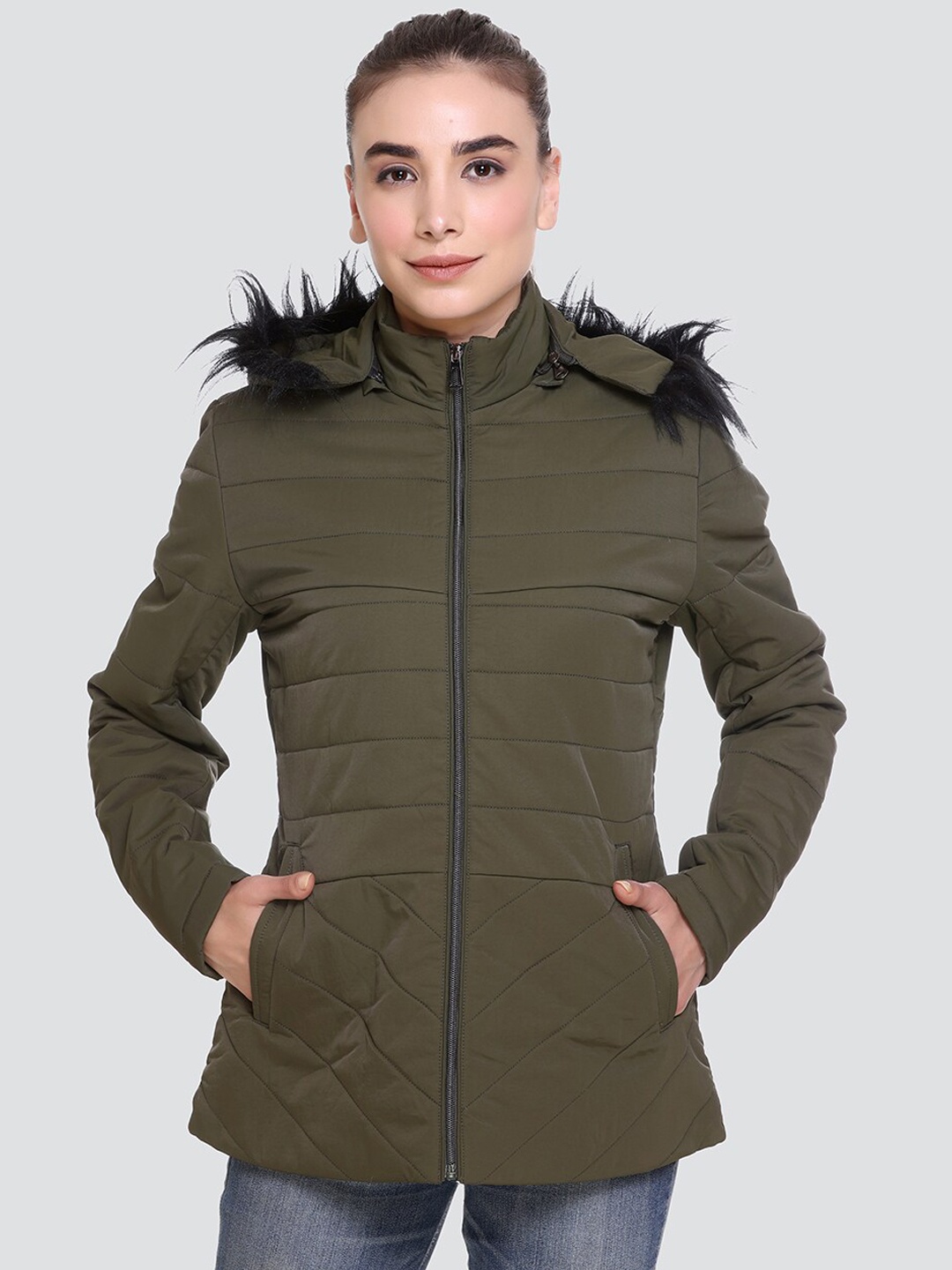 

DARTICA Women Olive Green Lightweight Hooded Parka Jacket