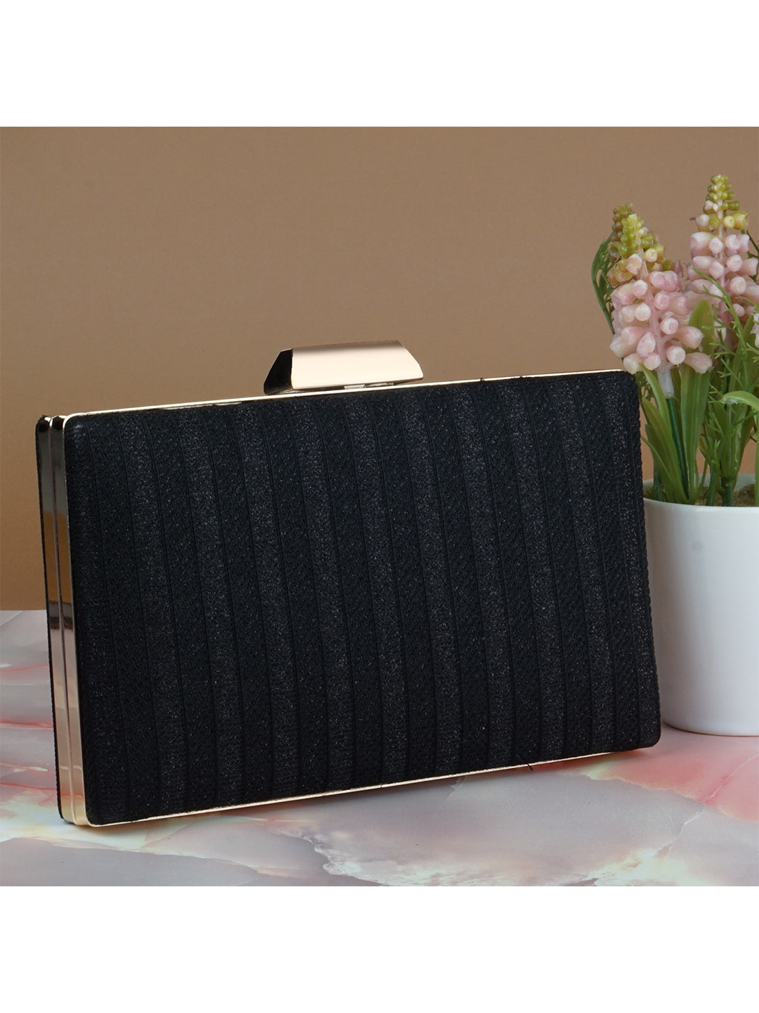 

Anna Claire Black & Gold-Toned Textured Box Clutch