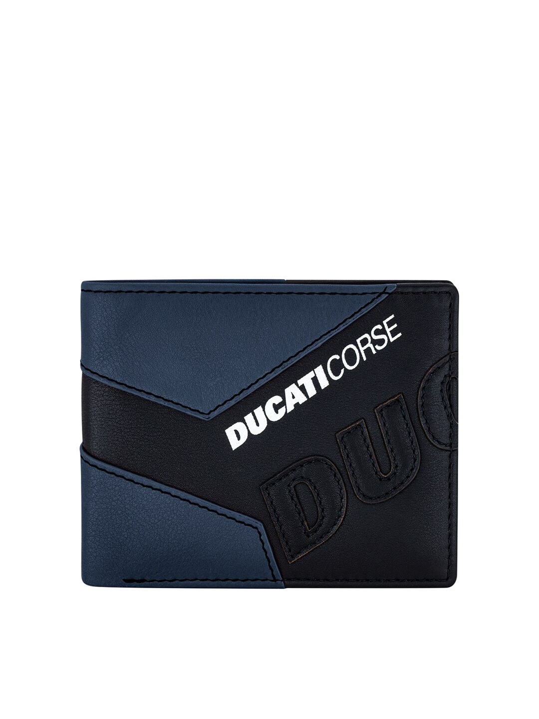 

DUCATI CORSE Men Blue & Black Colourblocked Leather Two Fold Wallet