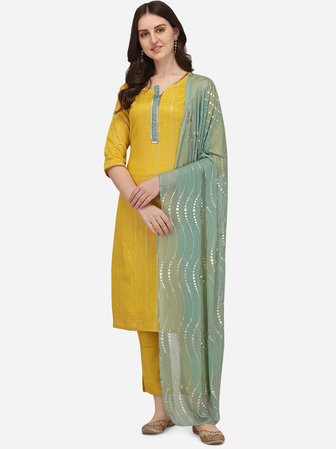 

Pure 9 Women Yellow Striped Gotta Patti Chanderi Silk Kurta with Trousers & With Dupatta