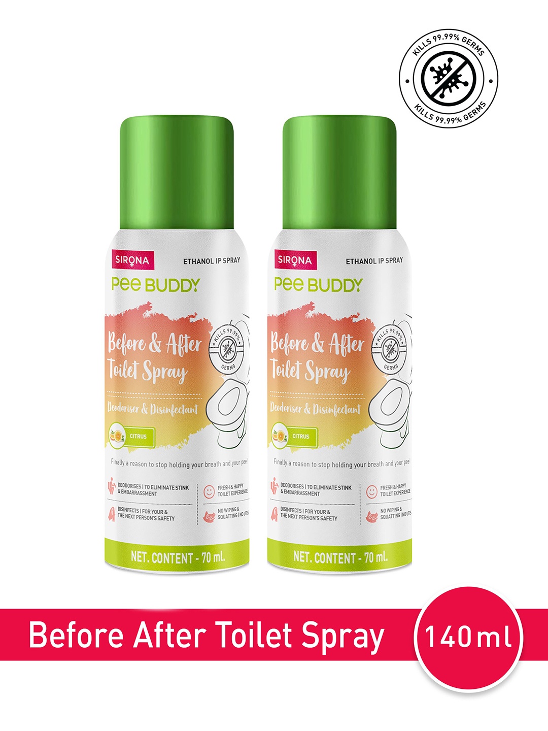 

PEEBUDDY Set of 2 Citrus Before & After Toilet Seat Sanitizer Spray - 70 ml each, White