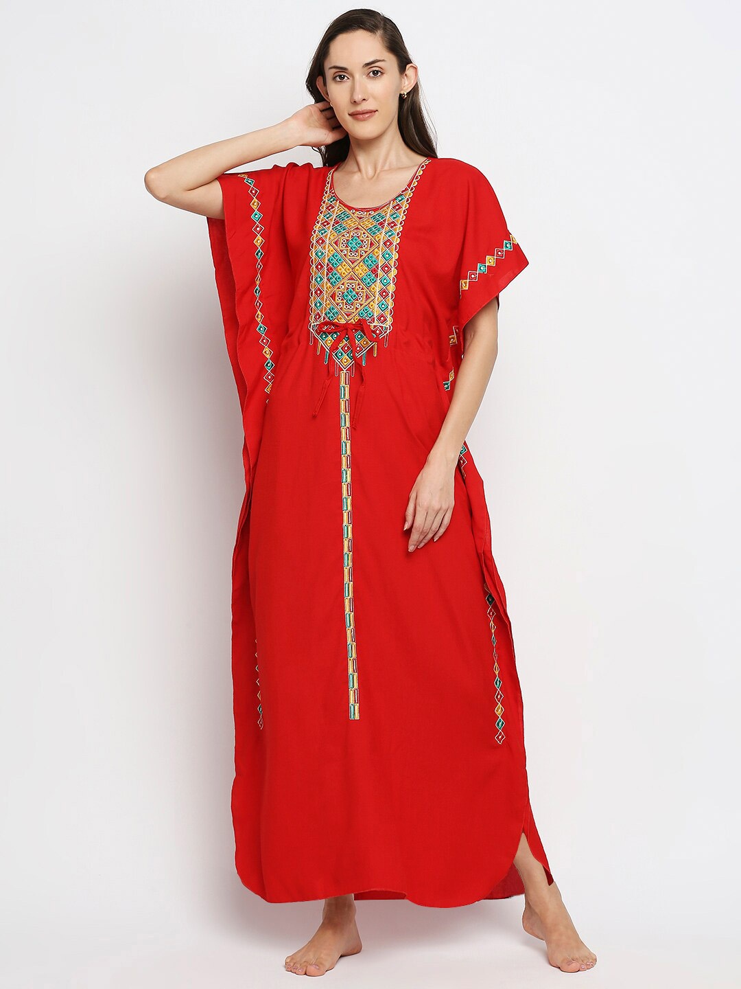 

Pretty Awesome Women Red Embroidered Cotton Maxi Nightdress