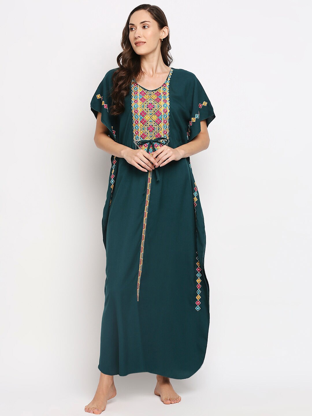 

Pretty Awesome Women Green Embroidered Cotton Maxi Nightdress