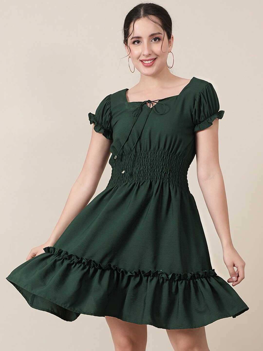 

J Turritopsis Green Tie-Up Neck Dress with Smocked Detail