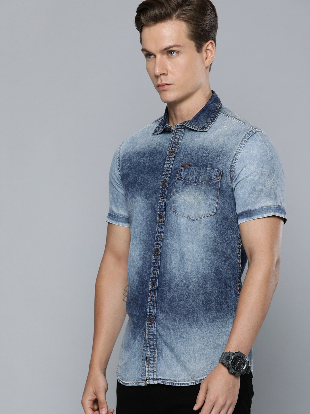 

American Bull Men Blue Slim Fit Faded Pure Cotton Casual Shirt