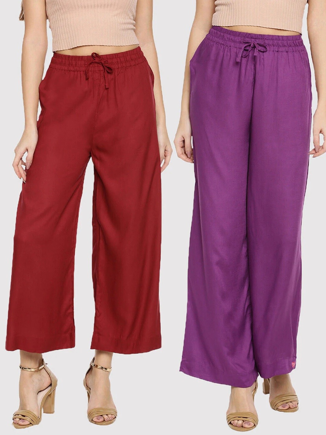 

TWIN BIRDS Women Maroon & Purple Pack of 2 Solid Palazzos