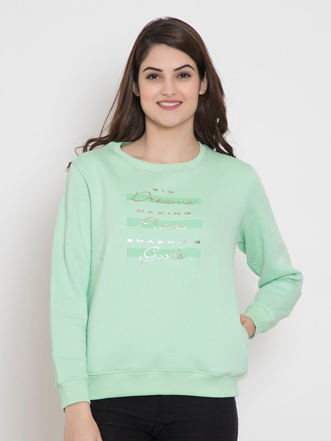 

FLOSBERRY Women Green Printed Fleece Sweatshirt